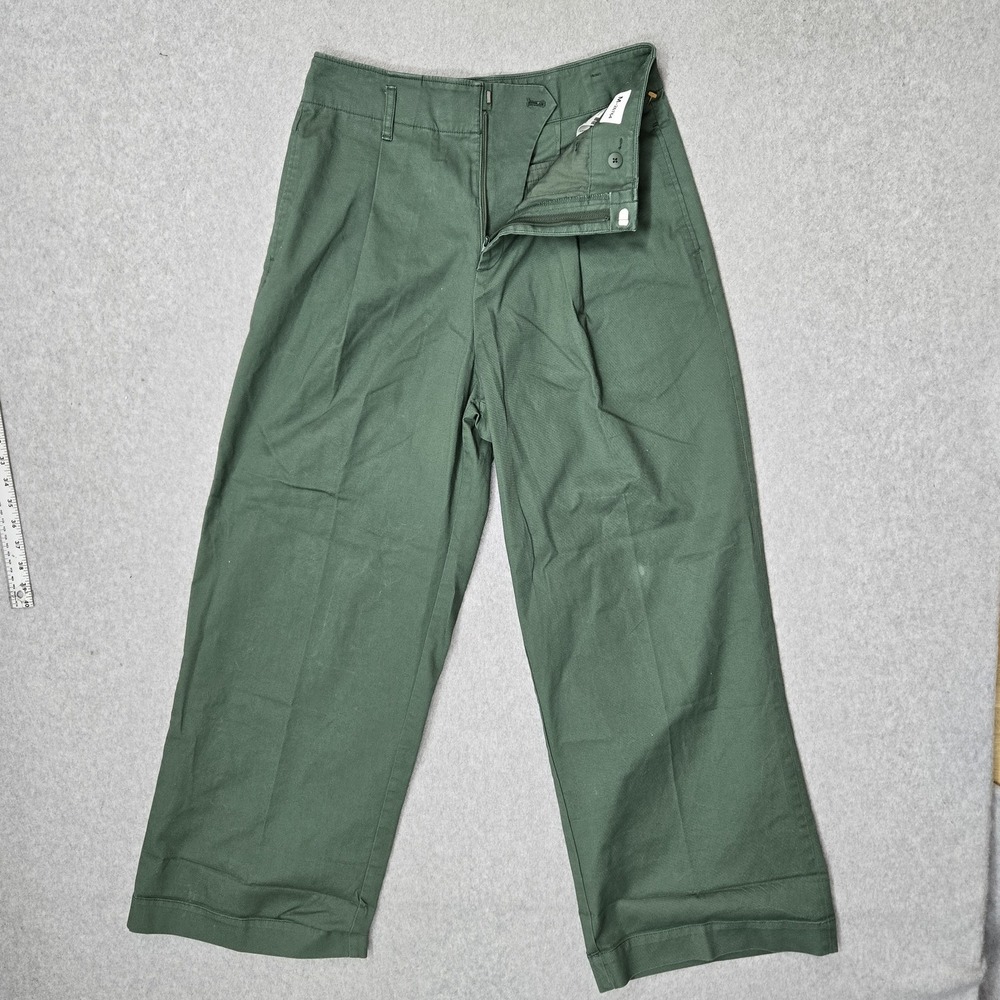 Uniqlo Women Pants 8 Green Chino High Waisted Wide Leg Baggy 28" Inseam READ